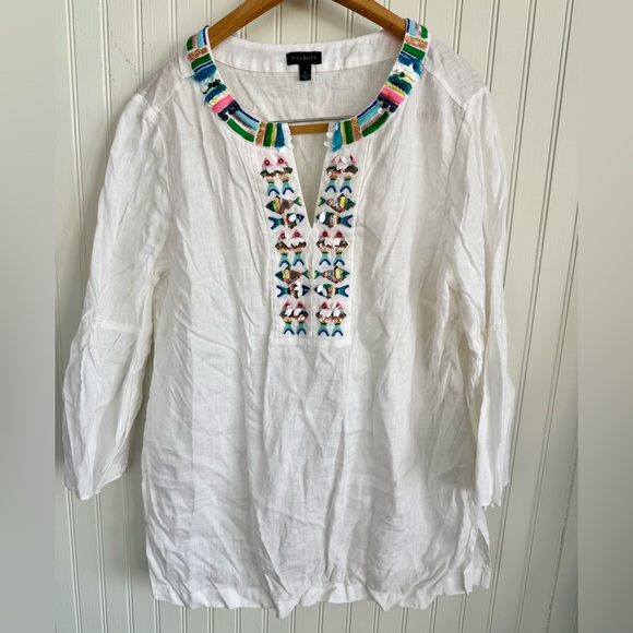 Talbots Tops - Talbots White Linen Top Size L with Colorful Fish Embroidery